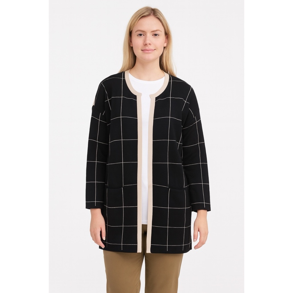 Coster Copenhagen Sweater Black Tan Open Front Windowpane Size M